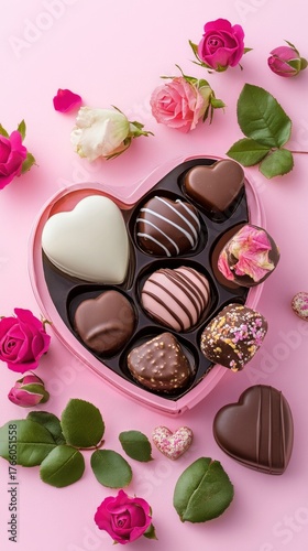 Delicious Heart-Shaped Chocolates Adorned With Roses on a Pink Background