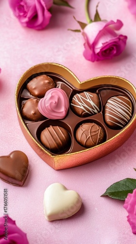 Delicious Heart-Shaped Chocolates Adorned With Roses on a Pink Background