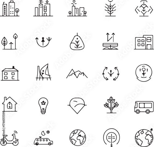 Green city web line icon set