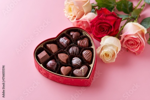 Beautiful Assortment of Chocolates and Pink Roses in Heart-Shaped Box for Spe...
