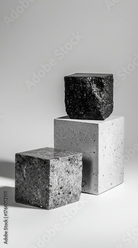 Sculptural Arrangement of Three Textured Cubes in Black and White Tones on a ...
