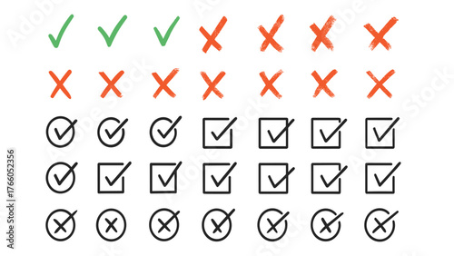 Vector Set of Check Marks and Cross Symbols in Hand Drawn and Outline Style