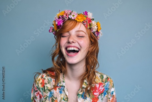 Joyful Woman Laughs While Wearing a Flower Crown Against a Blue Background