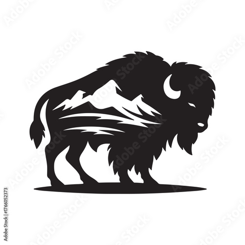 Majestic bison silhouette overlayed with mountain landscape