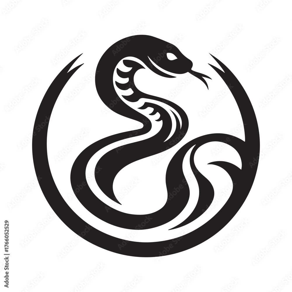 Obraz premium Stylized black snake coiled within a circular emblem