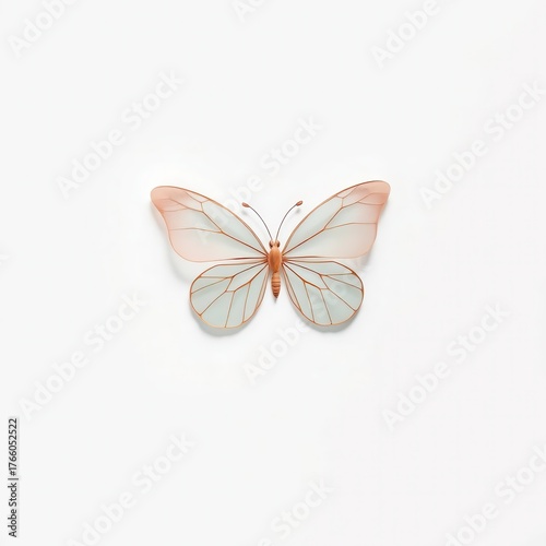 A delicate butterfly with transparent wings rests gracefully against a pristine white background.