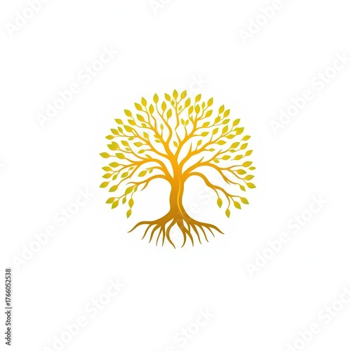 A stylized, golden tree with a dense crown of leaves and intricate root system on white surface.