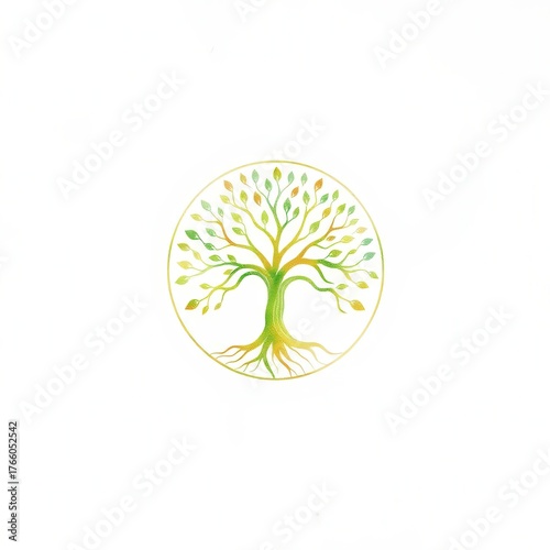 A vibrant tree illustration encircled within a golden ring, symbolizing nature and growth.