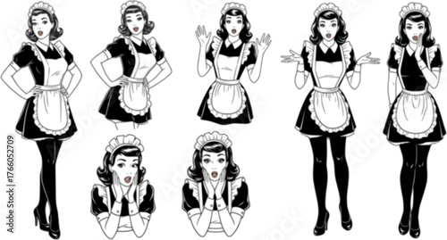 set of Vintage Surprised Maid Pin-Up Vector Set – Housekeeper Series with Shocked Faces and Playful Expressions
