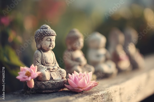 Serenity in a Garden With Buddha Statues and Blooming Lotus Flowers at Sunset