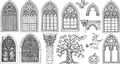 Set of Gothic Arched Window Sketches, Medieval Church Architecture Elements and Hand-Drawn Halloween Decor

