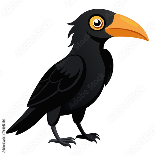 Illustration of a black crow cartoon drawing with orange beak and yellow eyes vector image art