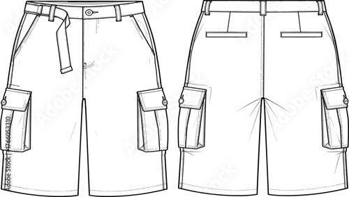 Cargo shorts technical sketch, front and back view, belt detail, flap pockets, button closure, fashion flat drawing, garment design vector illustration