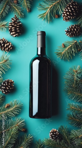 Festive Wine Bottle Surrounded by Pine Branches and Pinecones on Turquoise Ba...