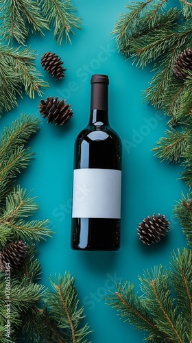 Festive Wine Bottle Surrounded by Pine Branches and Pinecones on Turquoise Ba...