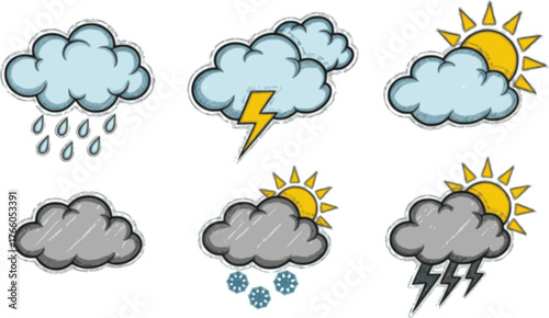 Crayon icons of weather, clouds and sun in sky. Doodle clouds with rain, lightning, snow, storm with chalk texture. Cute summer and winter weather icons drawn with crayon pencils, vector illustration
