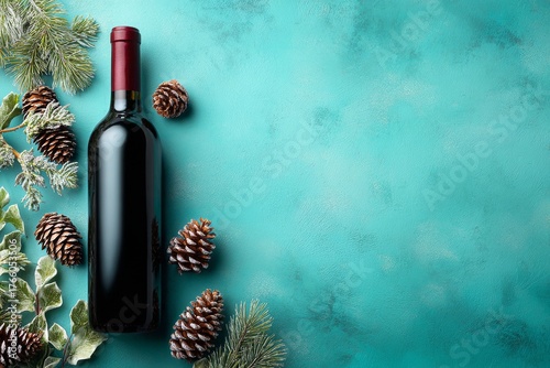 Elegant Wine Bottle Surrounded by Pine Cones and Greenery on Teal Surface for...