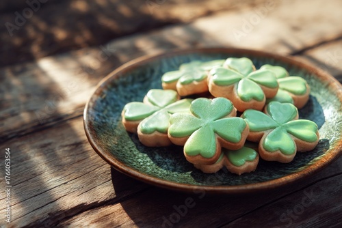 Delicious Green Shamrock Cookies and Coffee on a Rustic Wooden Table