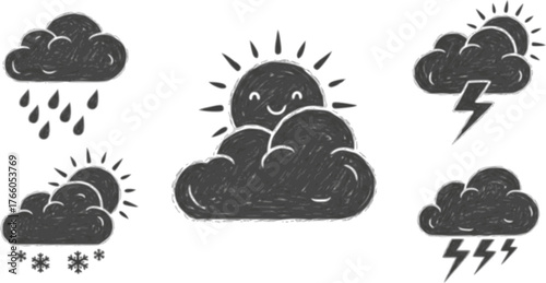Crayon icons of weather, clouds and sun in sky. Doodle clouds with rain, lightning, snow, storm with chalk texture. Cute summer and winter weather icons drawn with crayon pencils, vector illustration