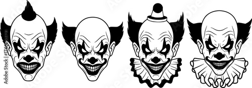 set of Scary clown head, evil clown halloween, Vector illustration, SVG
