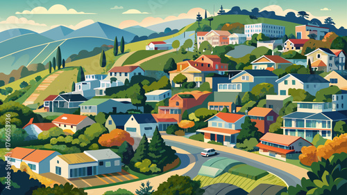 Very beautiful, aerial view of residential neighborhood with scattered houses built on hill slopes, Mill Valley, North San Francisco Bay Area, California, lush greenery, winding roads, scenic hills, 