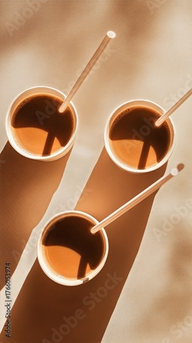 Warm Beverages in Cups Create Shadows on a Light Surface During Midday