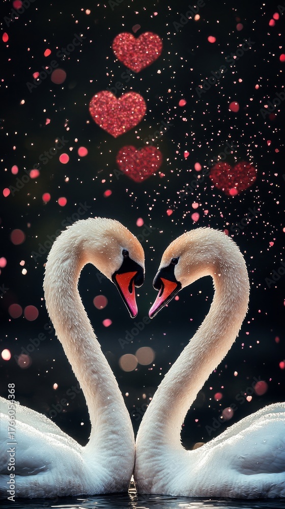 Naklejka premium Two Swans Form a Heart Shape With Their Necks in a Romantic Setting Filled With Hearts and Sparkles