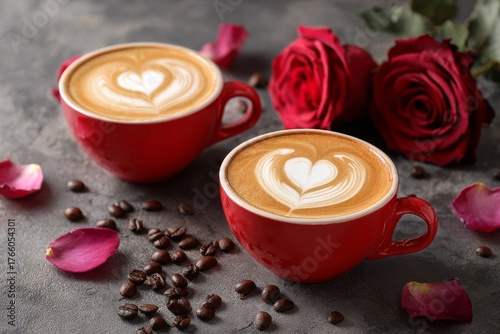 Two Cozy Red Cups With Latte Art Beside Fresh Roses and Coffee Beans on a Gra...