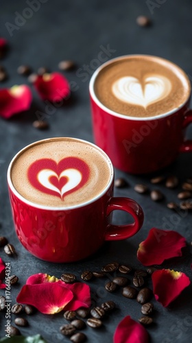 Warm Coffee Cups With Heart Patterns Surrounded by Rose Petals and Coffee Beans