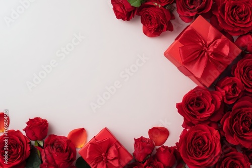 Fresh Red Roses and Gift Boxes Create a Romantic Scene for a Special Celebration