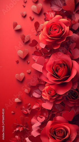 Bright Red Roses and Heart Decorations Cascade Down an Elegant, Deep Red Back...