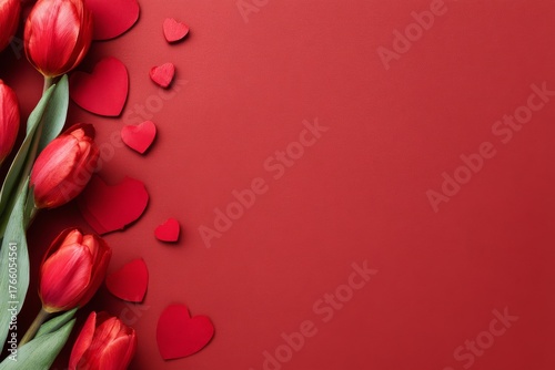 Valentines Day Tulips and Red Hearts Create a Romantic Setting for Love and C...