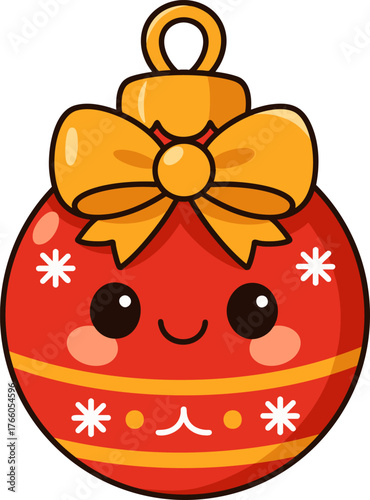 Cute kawaii-style Christmas ornament with a bow, smiling happily. Perfect for holiday and Christmas-themed designs.