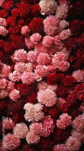 Colorful Display of Carnations With Shades of Red and Pink in a Vibrant Flora...