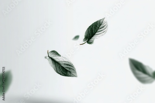Green Leaves Floating Gracefully in Soft Light Against a White Background