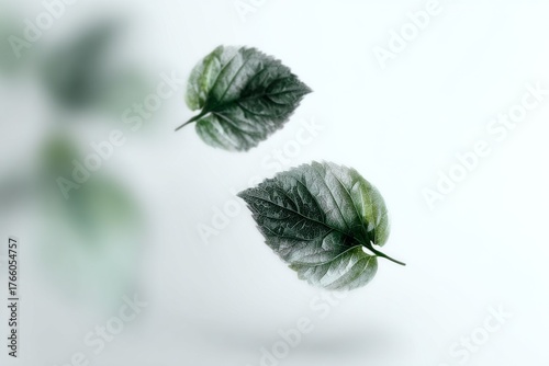 Green Leaves Floating Gracefully in Soft Light Against a White Background