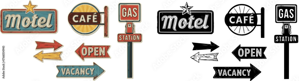 Obraz premium Classic American Signboards – Retro Vintage Style Vector Set with Old-School Typography, Roadside Signs, Cafe, Motel, and Gas Station Designs 