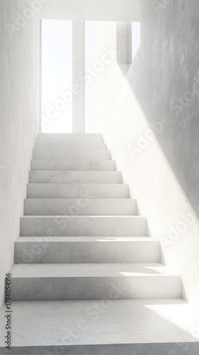 Staircase Illuminated by Soft Light Showcasing Serene White Design in a Minim...