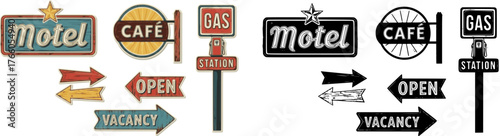 Classic American Signboards – Retro Vintage Style Vector Set with Old-School Typography, Roadside Signs, Cafe, Motel, and Gas Station Designs

