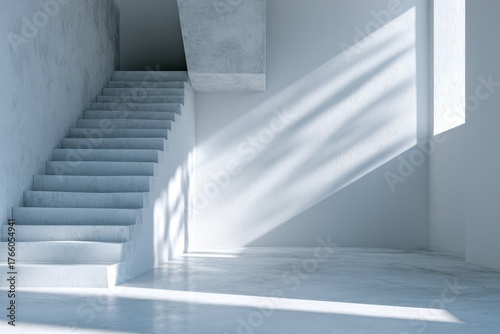 Modern Staircase Interior With Sunlight Streaming Through Large Window in Min...