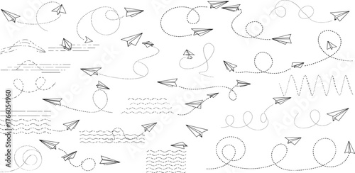 Playful hand-drawn paper airplanes set, featuring various flight paths with dotted lines, waves, and swirls, ideal for conveying communication, travel, and creative freedom concepts
