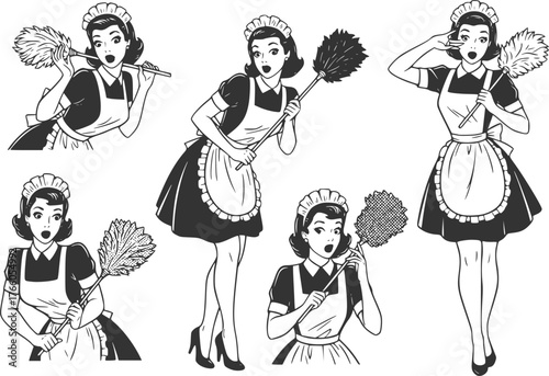 set of Vintage Surprised Maid Pin-Up Vector Set – Housekeeper Series with Shocked Faces and Playful Expressions
