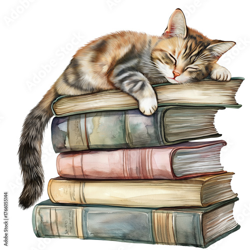 Watercolor Cat Sleeping on Books Clipart Illustration