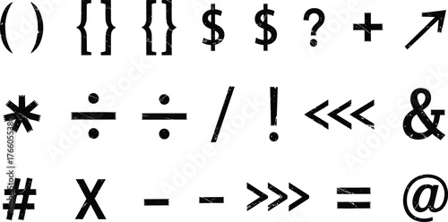 Monochrome set of common typography symbols including punctuation, mathematical signs, and other special glyphs isolated on white