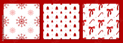 Set of Seamless Christmas pattern with Red Snowflakes, Bows, Christmas Trees and Cane