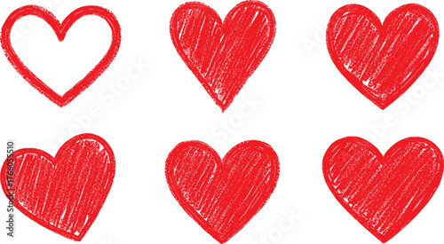 Collection of Six Hand-Drawn Hearts in Red