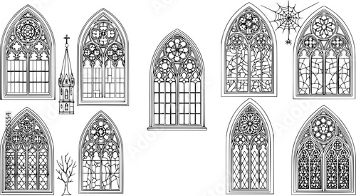 Set of Gothic Arched Window Sketches, Medieval Church Architecture Elements and Hand-Drawn Halloween Decor
