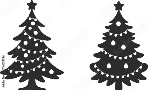 PrintChristmas tree silhouettes, festive holiday design, black pine decorations, ornamented tree icons, winter celebration graphic, seasonal vector art, star-topped trees