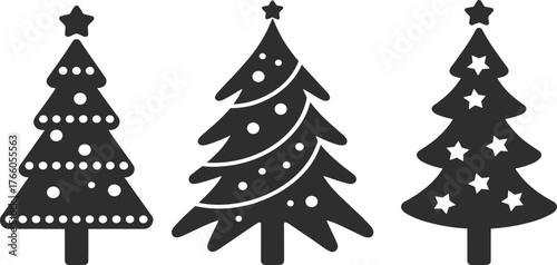 PrintChristmas tree silhouettes, festive holiday design, black pine decorations, winter celebration graphic, ornamented tree icons, seasonal vector art, star-topped trees