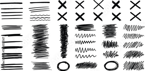 Collection of Hand-Drawn Line Art Elements Including Crosses, Scribbles, and Circles for Design Projects